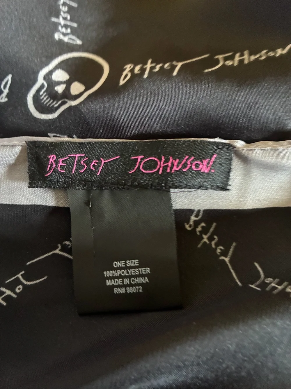 Betsey Johnson Black and Silver Heart Script Silk Scarf